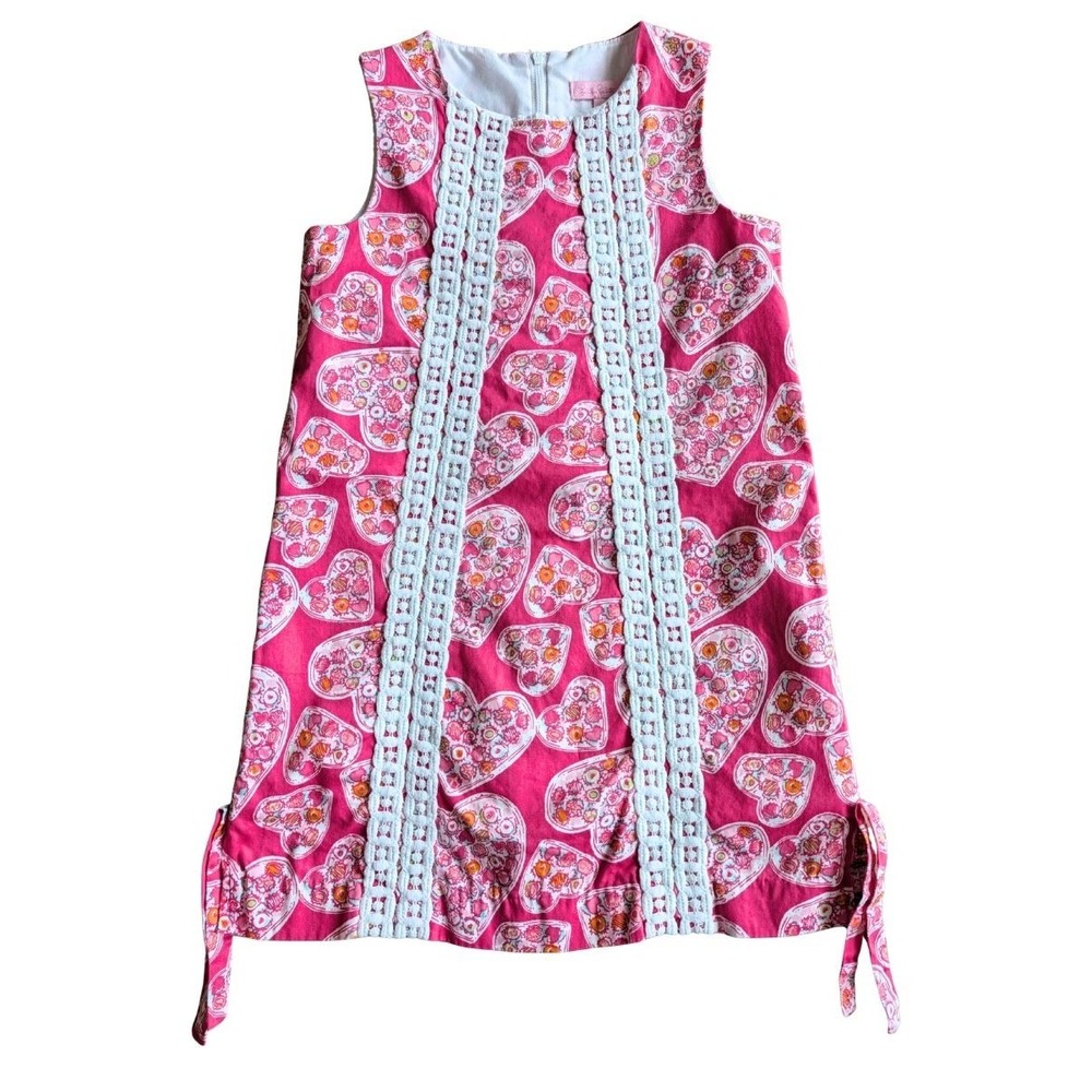 Lilly Pulitzer Girls Size 8 Pink Heart Print Shift Dress Crochet Trim